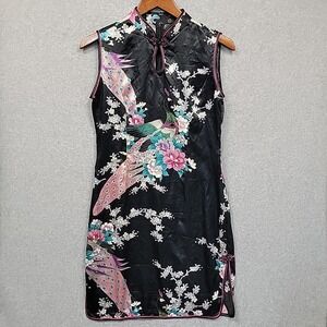 Silk Cheongsam Dress Peacock Floral Black Pink Sleeveless Mandarin Collar XL